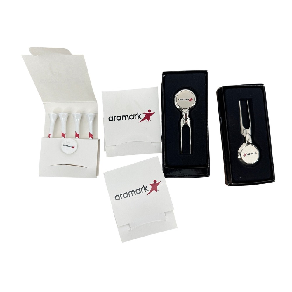 Aramark Golf Divot Tool Ball Marker Tee Set Silver White Red Corporate Gift 2pk